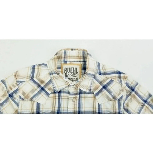 Ruehl No. 925 Size Medium Men's Vanilla Tan Gray Plaid Western Pearl Snap Shirt - Picture 5 of 10